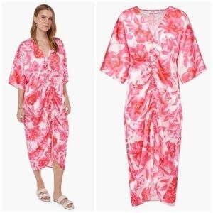 JustFab Coral Pink Floral Ruched Kaftan Cover Up Dress Size XL NWT